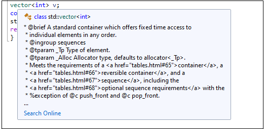 Üst bilgi belgelerini gösteren GCC IntelliSense açılır penceresinin ekran görüntüsü.