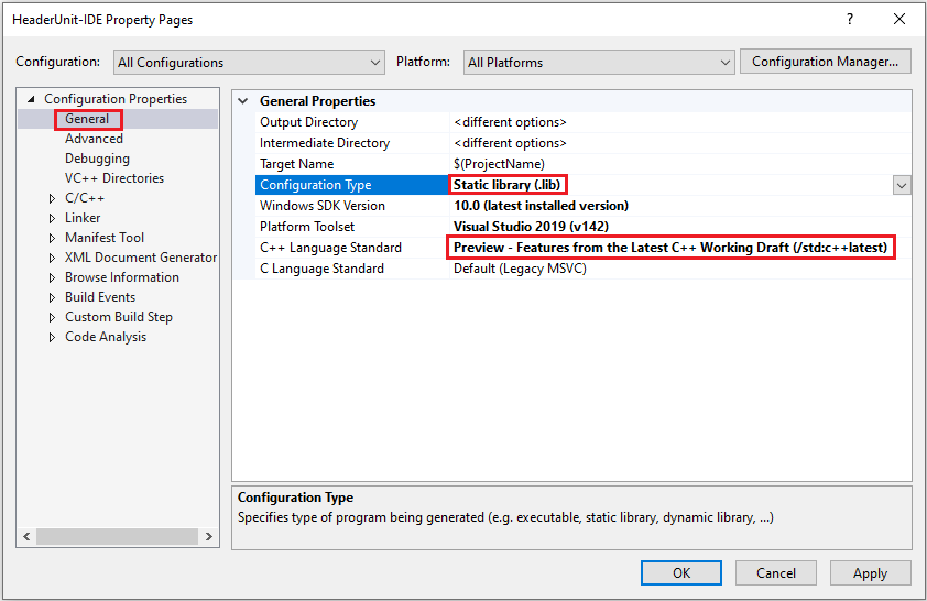 Yapılandırma Türü ve C++ Dil Standardı ayarlarını gösteren ekran görüntüsü.