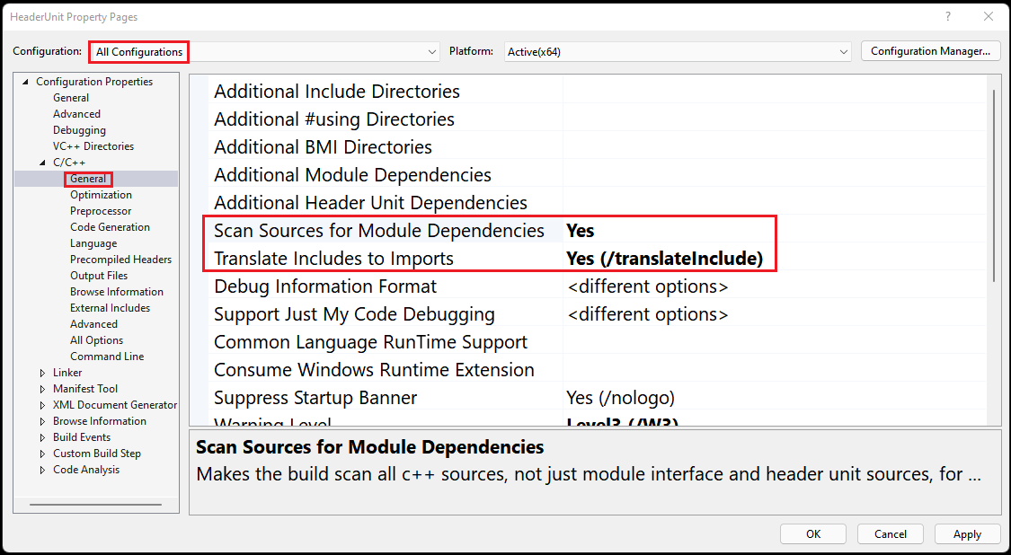 Yapılandırma vurgulanmış ve Tüm Yapılandırmalar'ın seçili olduğu proje özellikleri ekranını gösteren ekran görüntüsü. C/C++ > Genel altında, Modül Bağımlılıkları için Kaynakları Tara vurgulanır ve evet olarak ayarlanır, İçeri Aktarmalara İçeri Aktarmaya Çevir vurgulanır ve Evet (/translateInclude) olarak ayarlanır