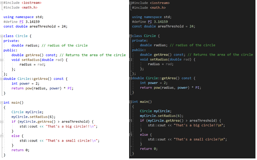 Siyah arka planı ve C++ anahtar sözcüklerinin renkleri (int için mavi ve açıklamalar için yeşil) içeren gelişmiş renk düzeninin ekran görüntüsü.