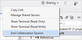 İşbirliği Oturumunu Sonlandır seçeneğinin vurgulandığı Paylaşım açılan listesinin ekran görüntüsü.