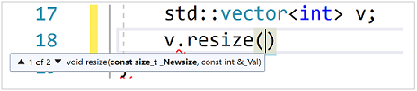 v vektörünün yeniden boyutlandırma işlevinin parametrelerini gösteren parametre bilgilerinin ekran görüntüsü. Parametre bilgisi: const size_t _Newsize, const int & _Val.