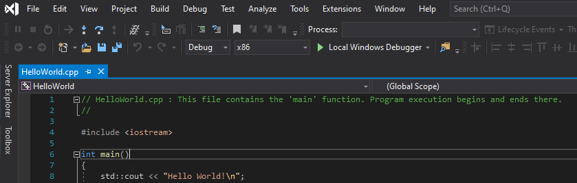 Koyu renk temasıyla Visual Studio'nun ekran görüntüsü.