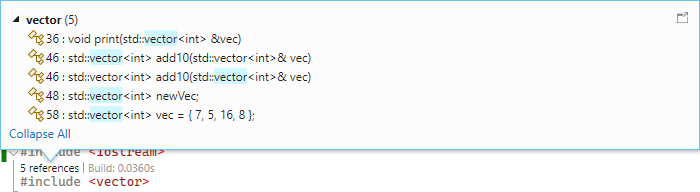 Vektör üst bilgi dosyasındaki kodun nerede kullanıldığını gösteren C++ Tanılama ekle bağlam penceresinin ekran görüntüsü.