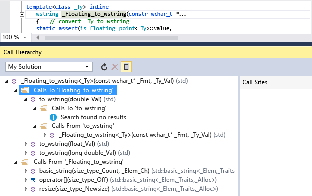 Floating_to_wstring() çağrılarını gösteren Arama Hiyerarşisi penceresinin ekran görüntüsü. Örneğin, to_wstring() Floating_to_wstring() çağırır.