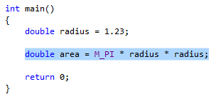 Ayıklanma hazırlığı vurgulanmış şu kodu gösteren ekran görüntüsü: double area = M_PI * readious * radious;.