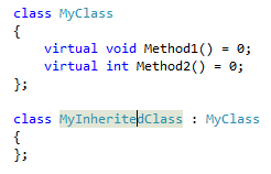 Method1 ve Method2 adlı iki saf sanal işleve sahip bir sınıfın ekran görüntüsü. MyInheritedClass adlı boş bir sınıf ondan türetilir.