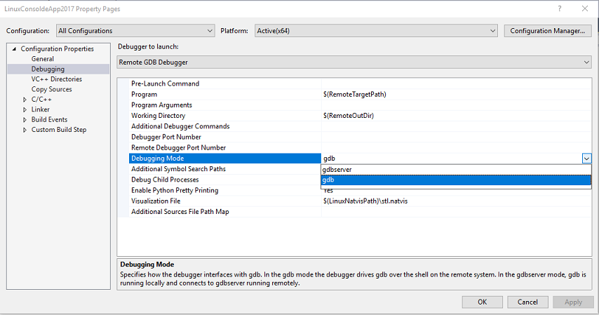 Yapılandırma Özellikleri > Hata Ayıklama'nın seçili olduğu Visual Studio 2017 Linux Konsol Uygulaması Özellik Sayfaları iletişim kutusunun ekran görüntüsü ve G D B seçili ve açılan listeden Hata Ayıklama Modu vurgulanmış.