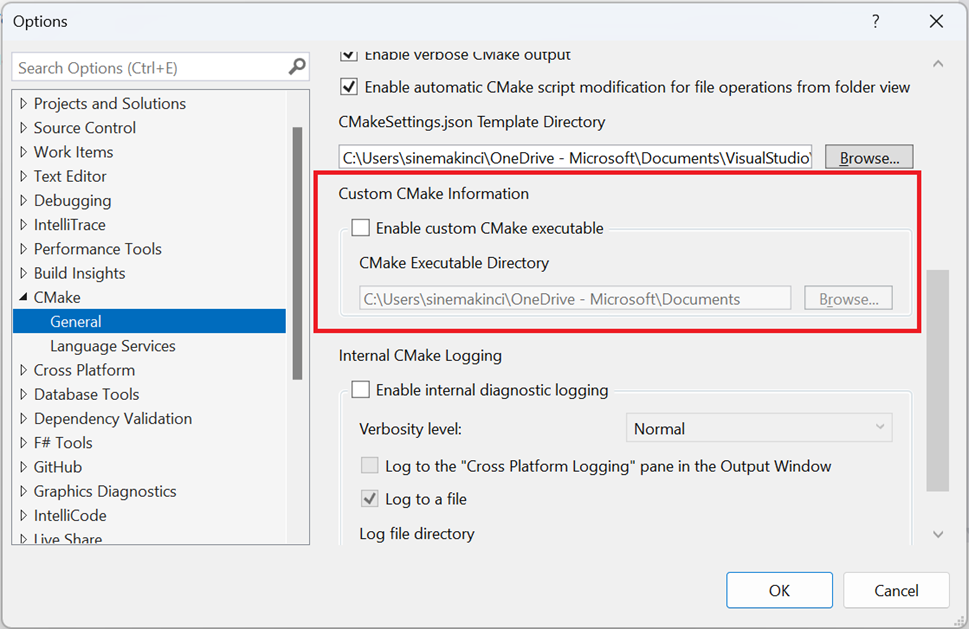 CMake seçenekleri iletişim kutusunun ekran görüntüsü