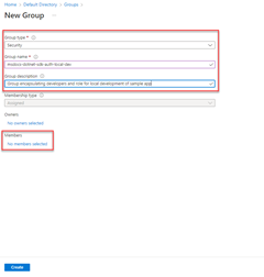 Uygulama için yeni bir Microsoft Entra grubu oluşturmak üzere formun nasıl doldurulacağını gösteren ekran görüntüsü. Bu ekran görüntüsü, bu gruba üye eklemek için seçecek bağlantının konumunu da gösterir.