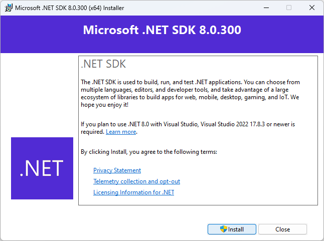 .NET MSI yükleyicisi uygulama penceresinin ekran görüntüsü.