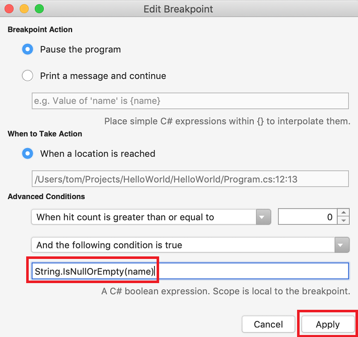 Editor showing breakpoint settings panel