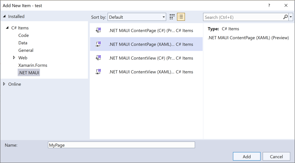 .NET MAUI ContentPage öğe şablonu.