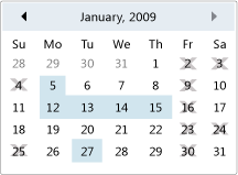 Seçilemeyen tarihleri içeren takvim.