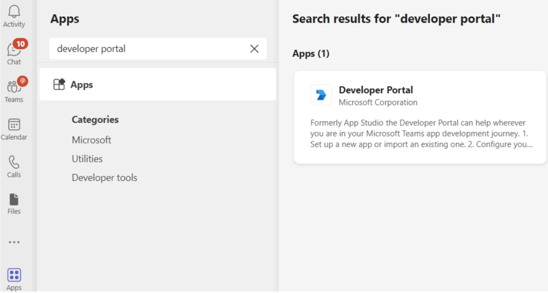 Teams'de, Geliştirici Portalı uygulaması.