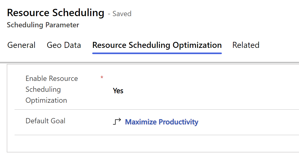 Resource Scheduling Optimization sekmesinin ekran görüntüsü.