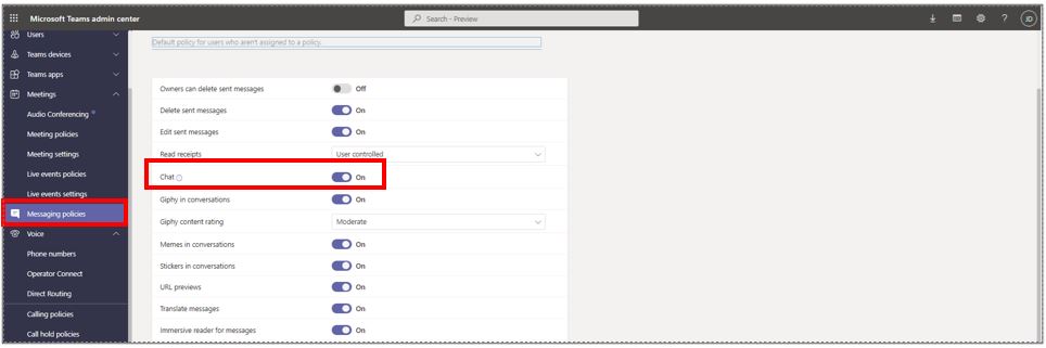 Screenshot of Microsoft Teams admin center with Chat setting highlighted.