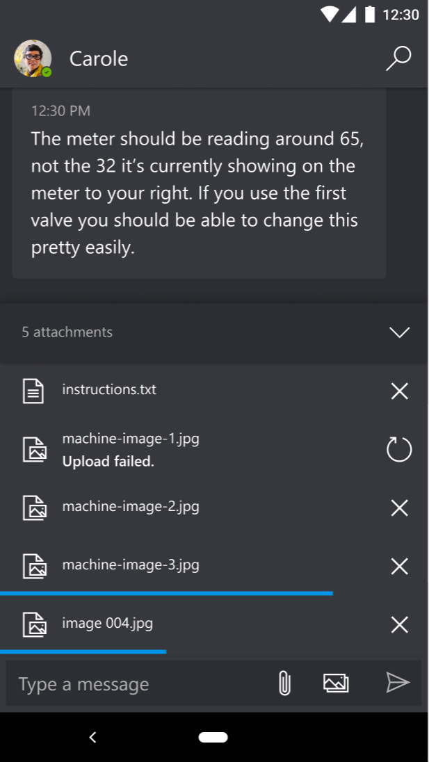 Screenshot showing Dynamics 365 Remote Assist on a mobile device, showing a list of attachments ready to be sent or to try again.