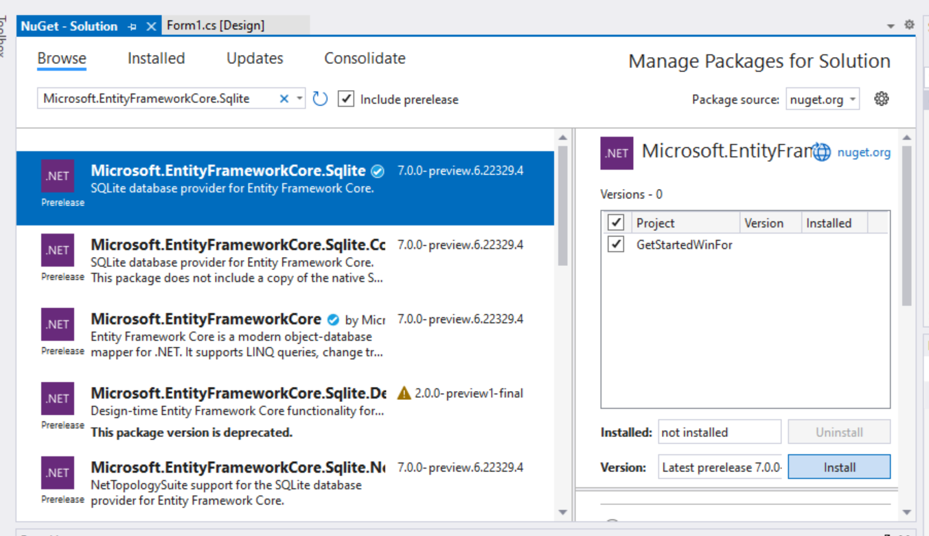 Microsoft.EntityFrameworkCore.Sqlite paketini yükleme