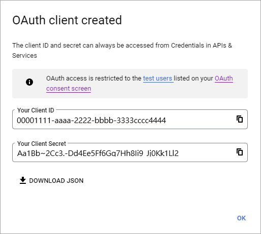 OAuth istemci kimliğini ve istemci gizli dizisini gösteren ekran görüntüsü.