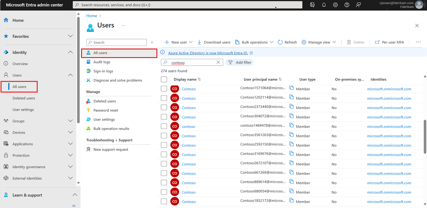 Microsoft Entra Id'deki Tüm kullanıcılar sayfasının ekran görüntüsü.