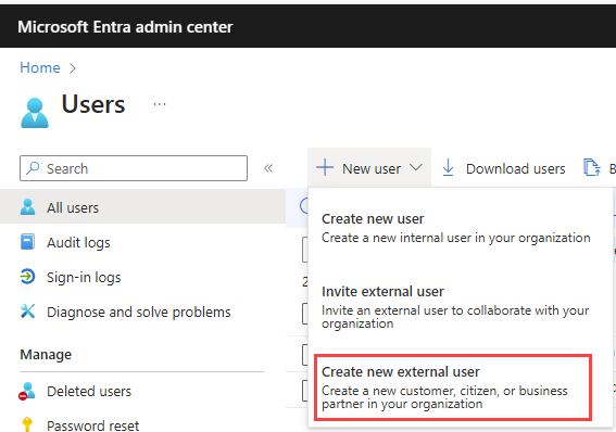 Microsoft Entra Id'de yeni dış kullanıcı oluştur menüsünün ekran görüntüsü.