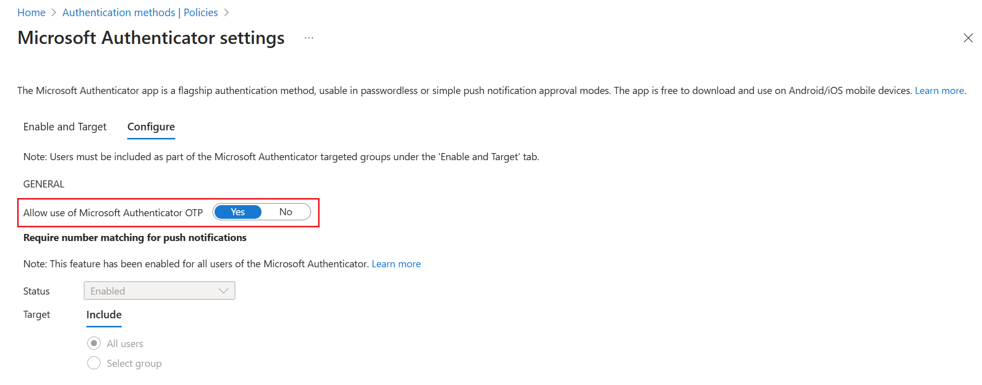 Microsoft Authenticator OTP'nin ekran görüntüsü.