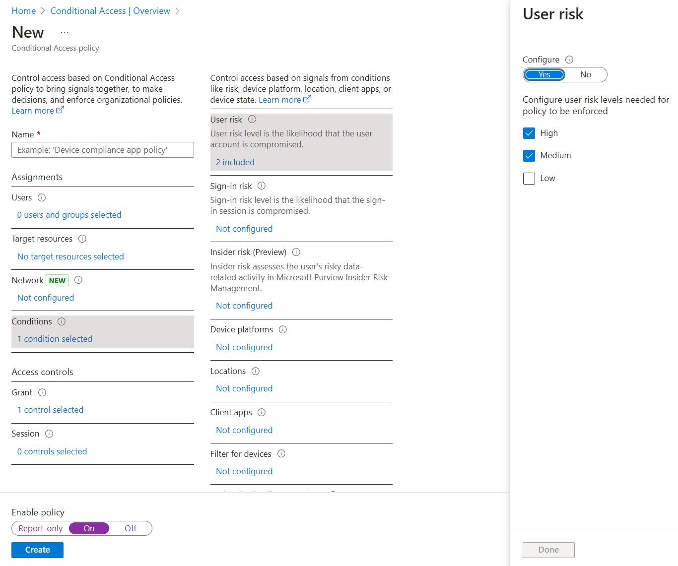 Risk tabanlı Koşullu Erişim ilkesini etkinleştirme işleminin ekran görüntüsü.