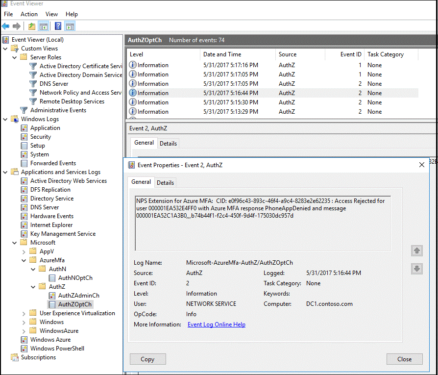 Olay Görüntüleyicisi'da örnek Microsoft Entra çok faktörlü kimlik doğrulama günlüğü