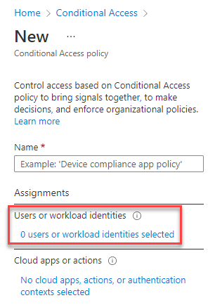 'Kullanıcılar veya iş yükü kimlikleri' altında geçerli değeri seçtiğiniz Koşullu Erişim sayfasının ekran görüntüsü.