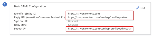 Temel SAML yapılandırma URL'lerinin ekran görüntüsü.