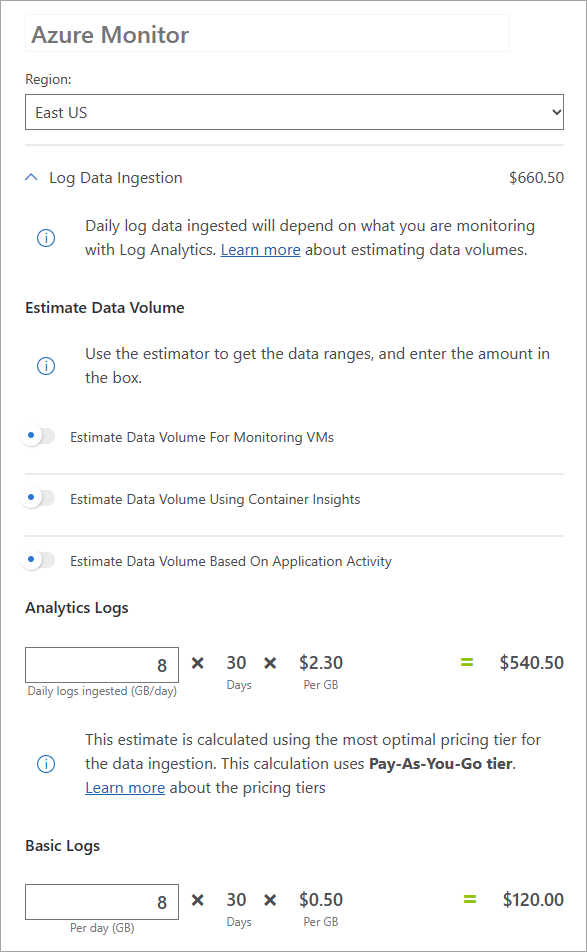 Örnek olarak 8 GB/Gün kullanılan Azure fiyatlandırma hesaplayıcısının ekran görüntüsü.