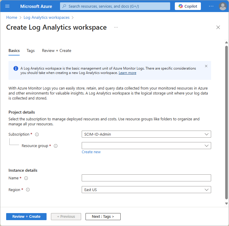 Yeni log analytics çalışma alanı oluşturma işleminin ayrıntılar sayfasının ekran görüntüsü.