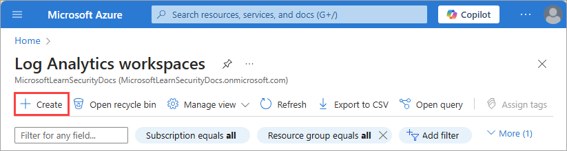 Log Analytics çalışma alanları sayfasındaki Oluştur düğmesinin ekran görüntüsü.