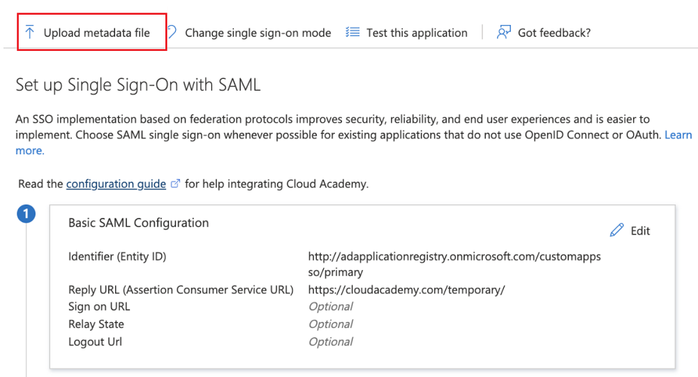 Azure uygulamasında meta verilerin karşıya yüklenmesini gösteren ekran görüntüsü.