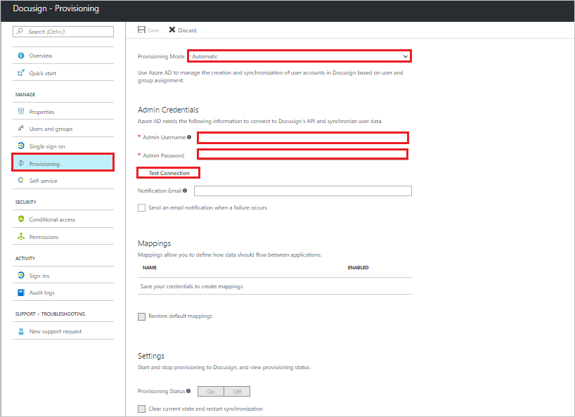 Azure portalında DocuSign için Sağlama sekmesinin ekran görüntüsü. Sağlama Modu Otomatik olarak ayarlanır ve Yönetici Kullanıcı Adı, Parola ve Test Bağlantısı vurgulanır.