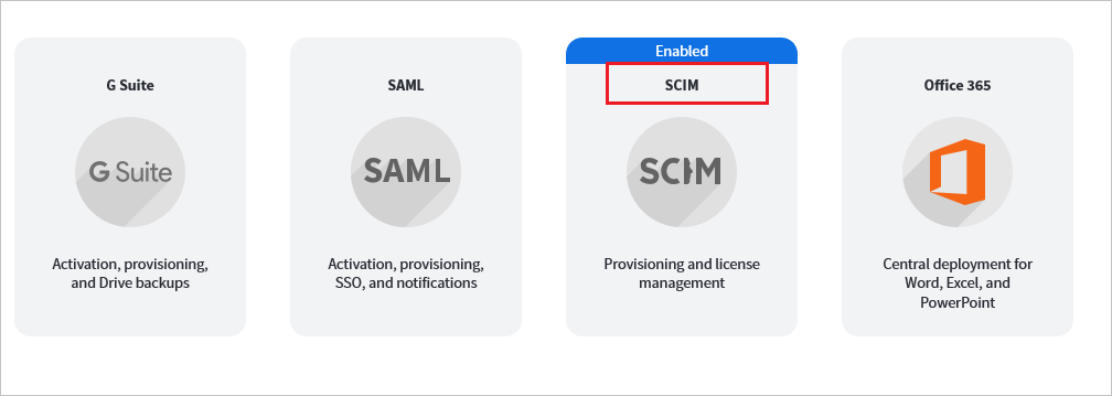 Lucidchart yönetici konsolunun ekran görüntüsü. Büyük bir S C I M düğmesinde S C I M metni vurgulanır ve etkin bir başlık görünür.