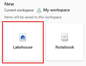 Yeni lakehouse iletişim kutusunu gösteren ekran görüntüsü.