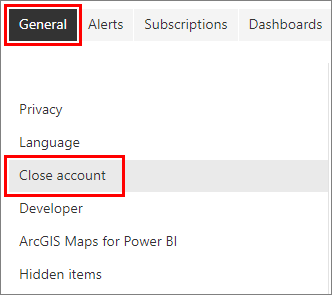 Power BI ayarları menüsünü gösteren ekran görüntüsü. Genel ve hesap kapat menü seçenekleri vurgulanır.