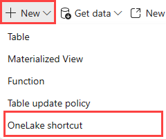 Yeni düğmesinin açılan listesini gösteren Giriş sekmesinin ekran görüntüsü. OneLake kısayolu başlıklı seçenek vurgulanır.