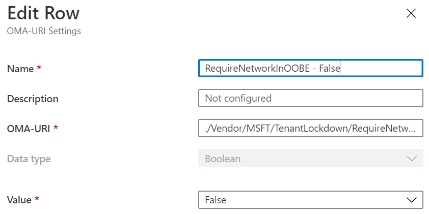 Intune'da OMA URI'sini kullanarak RequireNetworkInOOBE ayarını false olarak ayarlama işleminin ekran görüntüsü.