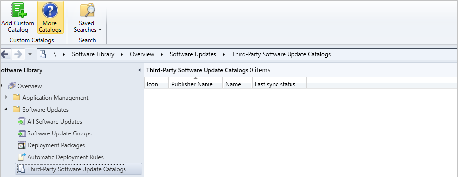 Şeritte Daha Fazla Katalog simgesi bulunan Üçüncü Taraf Yazılım Güncelleştirme Katalogları düğümünün ekran görüntüsü