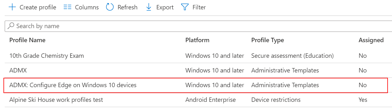 MICROSOFT Intune ve Intune yönetim merkezindeki cihaz yapılandırma profili listesinde ADMX ilke ayarının ekran görüntüsü.