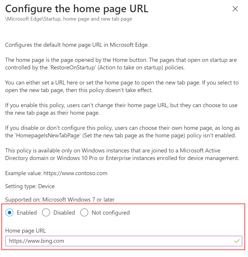 Microsoft Intune ve Intune yönetim merkezindeki ADMX şablonlarını kullanarak Microsoft Edge giriş sayfası URL'sini bir web sitesine ayarlama işleminin ekran görüntüsü.