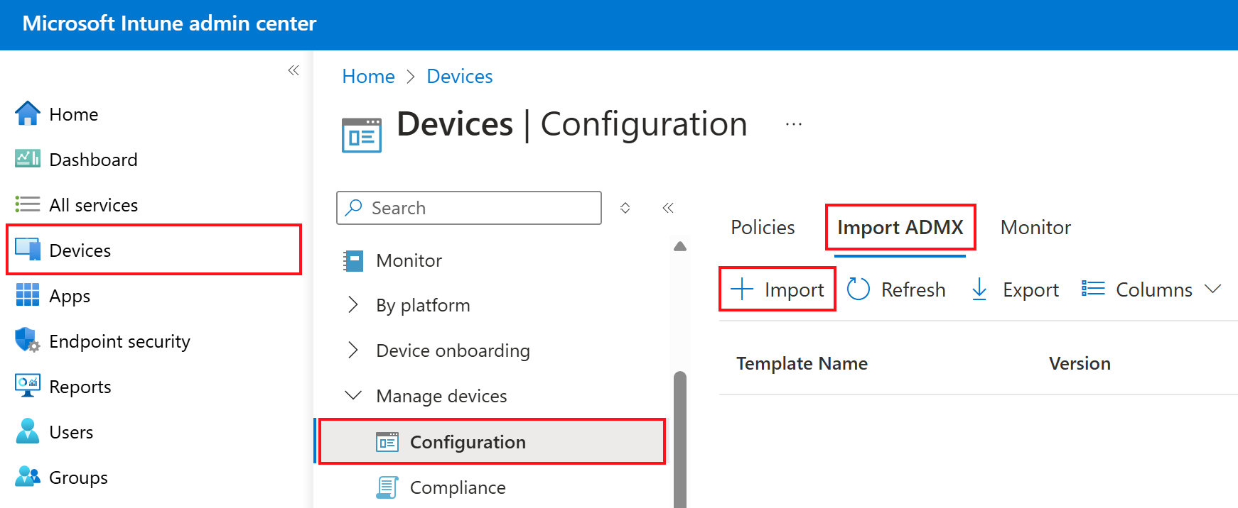 Özel ADMX ve ADML'nin nasıl ekleneceğini veya içeri aktarılacağını gösteren ekran görüntüsü. Cihazlar > Yapılandırma profilleri > Microsoft Intune ve Intune yönetim merkezinde ADMX'i içeri aktar'a gidin.