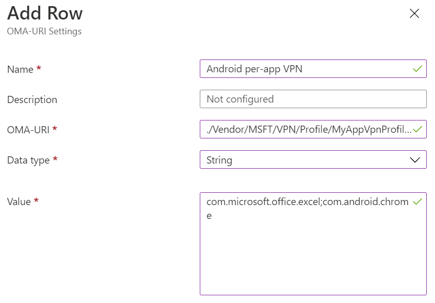 Microsoft Intune'da Android cihaz yöneticisi uygulama başına VPN özel ilkesini gösteren ekran görüntüsü.