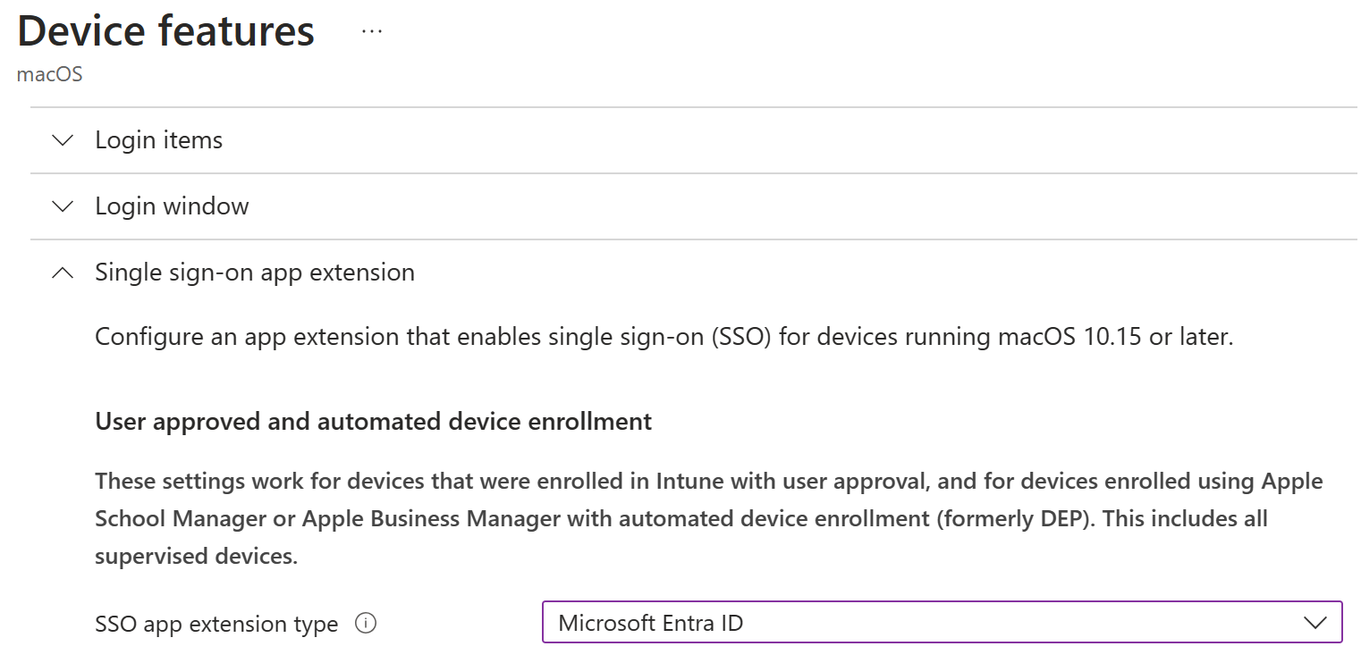 Intune'da macOS için SSO uygulama uzantısı türünü ve Microsoft Entra Kimliğini gösteren ekran görüntüsü