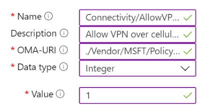 Microsoft Intune'da VPN ayarlarını içeren özel ilke örneğini gösteren ekran görüntüsü.