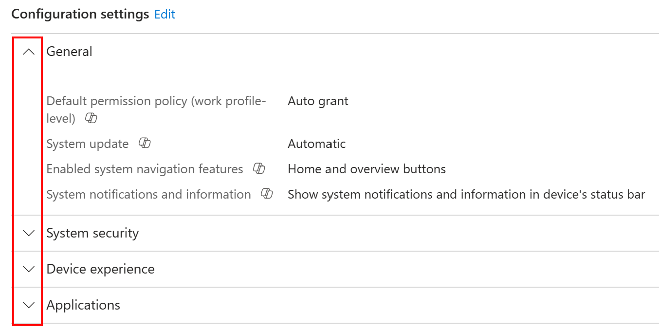 Microsoft Intune ve Intune yönetim merkezinde Copilot araç ipucunu görmek için bir kategoriyi genişletmeyi gösteren ekran görüntüsü.