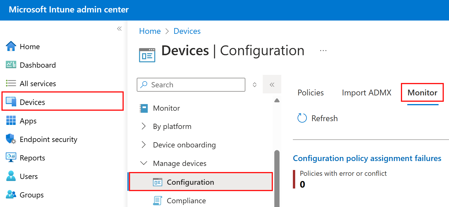 Microsoft Intune ve Intune yönetim merkezinde cihaz yapılandırma profillerinde izleme sekmesinin seçilmesini gösteren ekran görüntüsü.